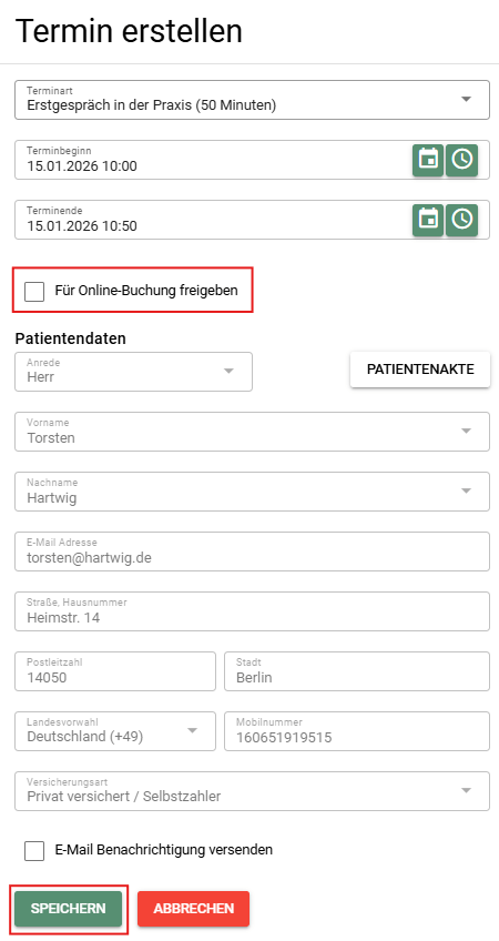 Terminbuchung für Psychotherapie Tymia und Freigabe für Online-Buchung